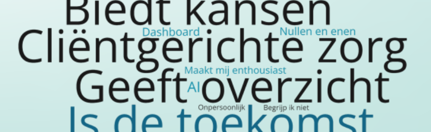 Woord wolk met woorden als duidelijk, interessant, biedt kansen, clientgerichte zorg, ICT, privacy, en nog veel meer